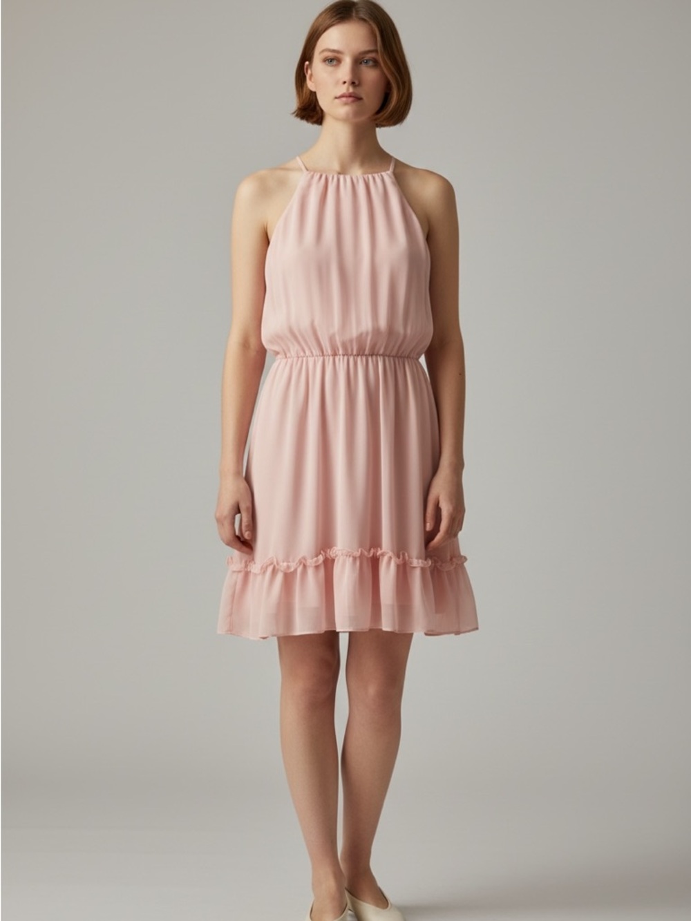 I.N. San Francisco Blush Pink Halter Ruffle Hem Mini Dress